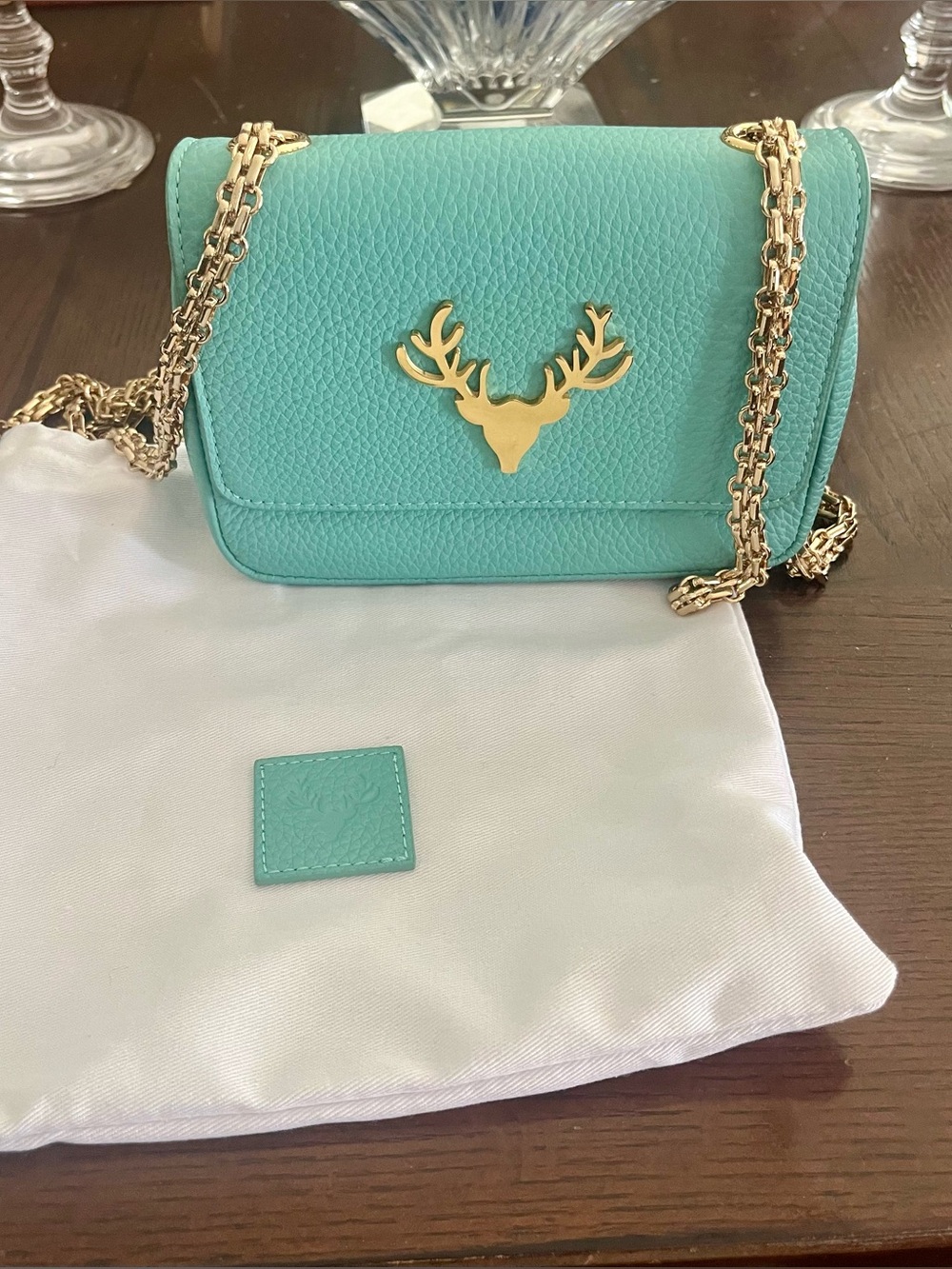 Taxidermy Brand leather JW Micro crossbody bag in Tiffany Blue.